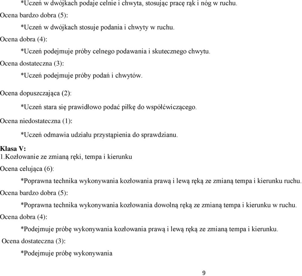 Ocena dopuszczająca (2): *Uczeń stara się prawidłowo podać piłkę do współćwiczącego. Ocena niedostateczna (1): *Uczeń odmawia udziału przystąpienia do sprawdzianu. Klasa V: 1.