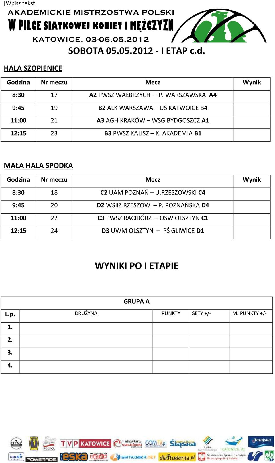 K. AKADEMIA B1 MAŁA HALA SPODKA 8:30 18 C2 UAM POZNAŃ U.RZESZOWSKI C4 9:45 20 D2 WSIiZ RZESZÓW P.