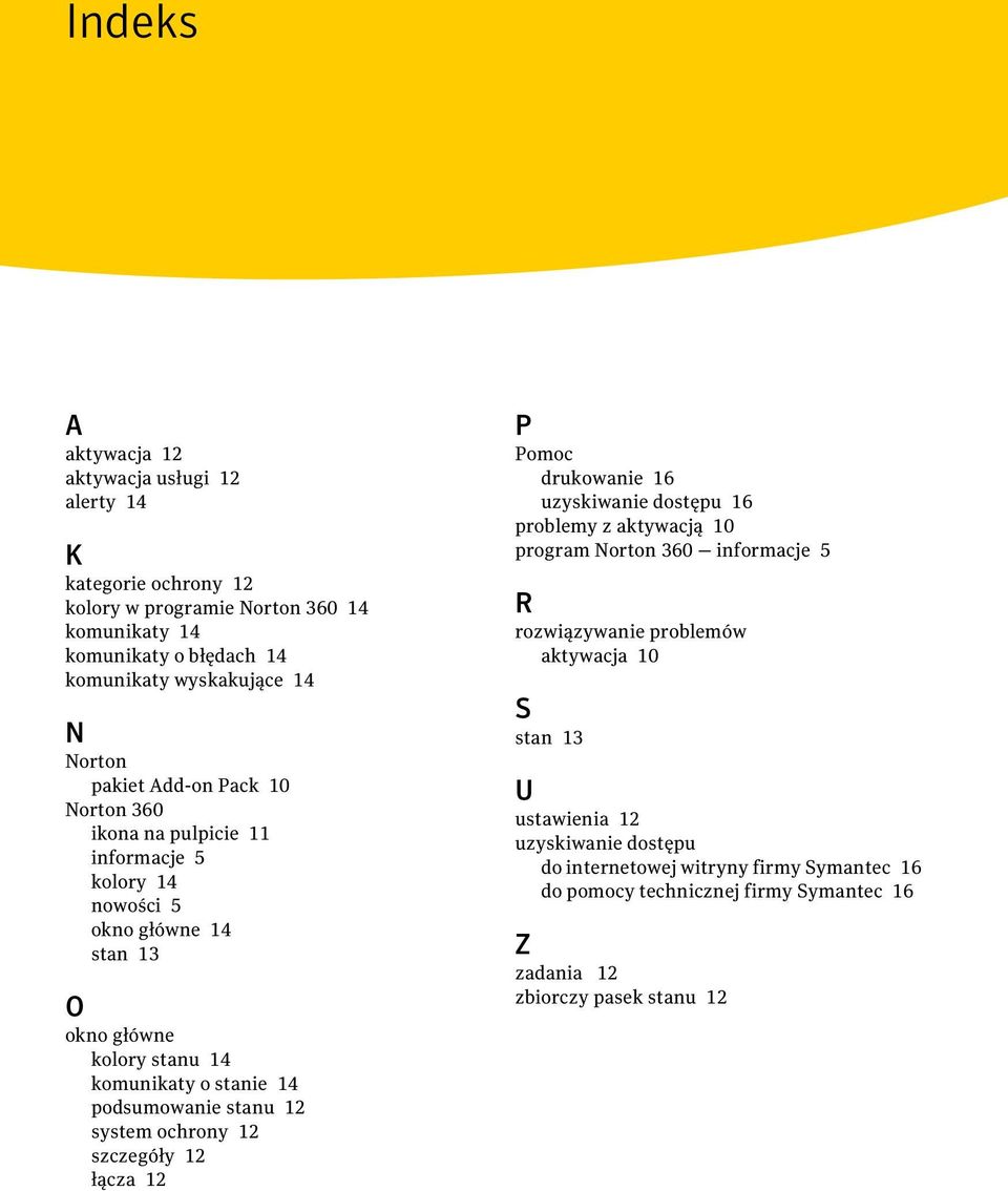 podsumowanie stanu 12 system ochrony 12 szczegóły 12 łącza 12 P Pomoc drukowanie 16 uzyskiwanie dostępu 16 problemy z aktywacją 10 program Norton 360 informacje 5 R