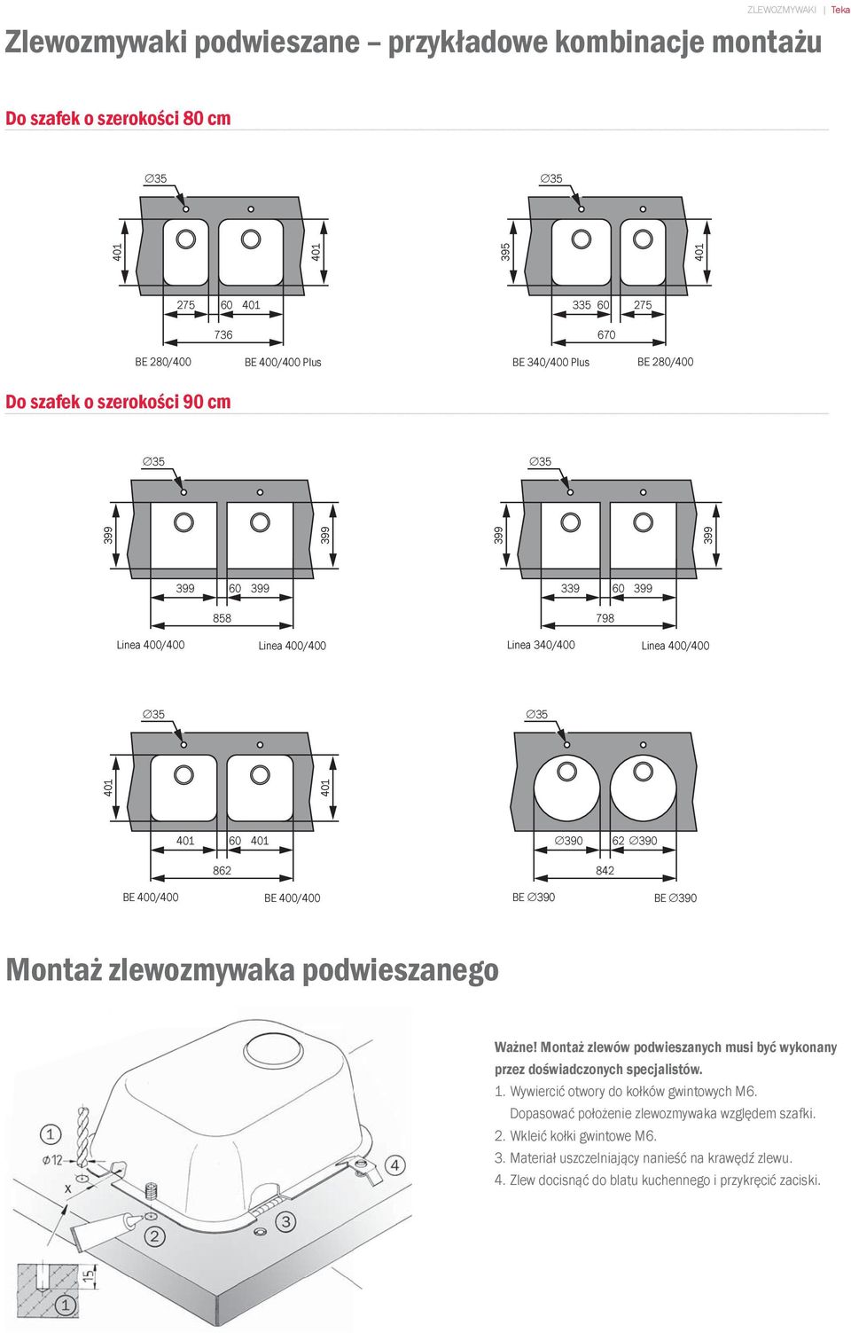 390 BE 390 Montaż zlewozmywaka podwieszanego Ważne! Montaż zlewów podwieszanych musi być wykonany przez doświadczonych specjalistów. 1. Wywiercić otwory do kołków gwintowych M6.