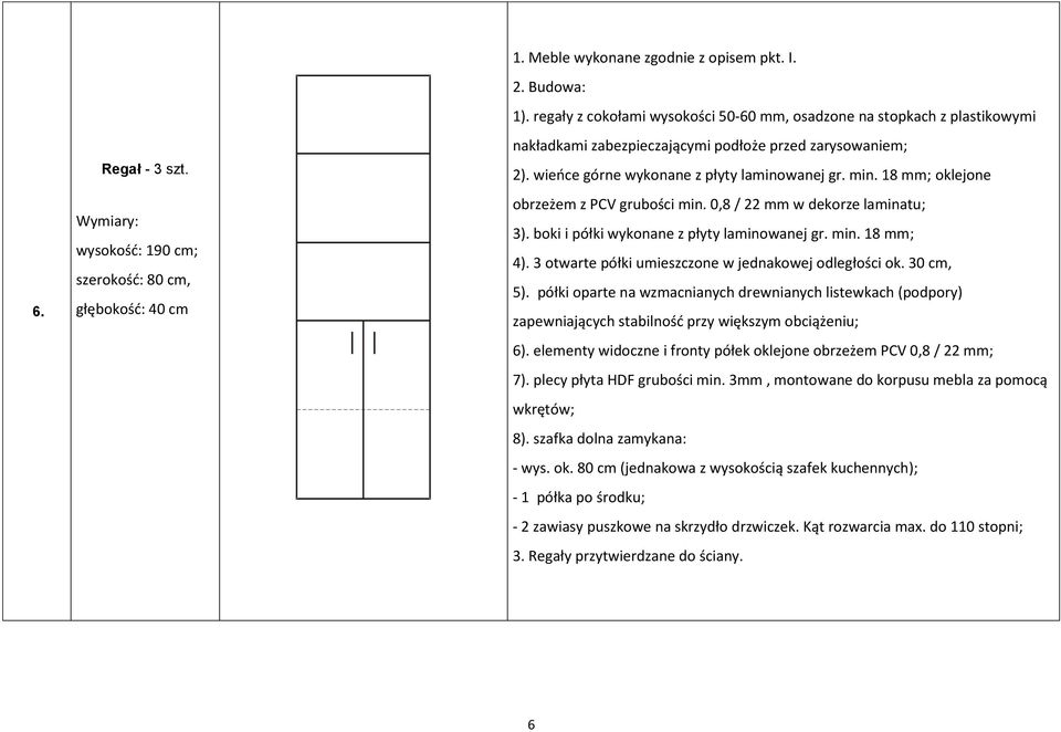 18 mm; oklejone obrzeżem z PCV grubości min. 0,8 / 22 mm w dekorze laminatu; 3). boki i półki wykonane z płyty laminowanej gr. min. 18 mm; 4). 3 otwarte półki umieszczone w jednakowej odległości ok.