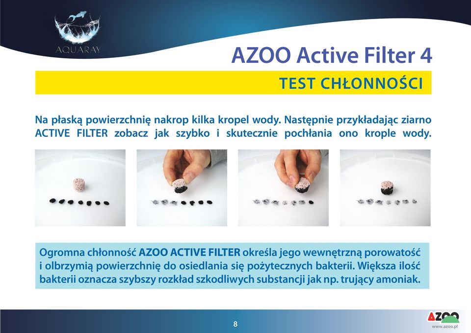 Ogromna chłonność AZOO ACTIVE FILTER określa jego wewnętrzną porowatość i olbrzymią powierzchnię do