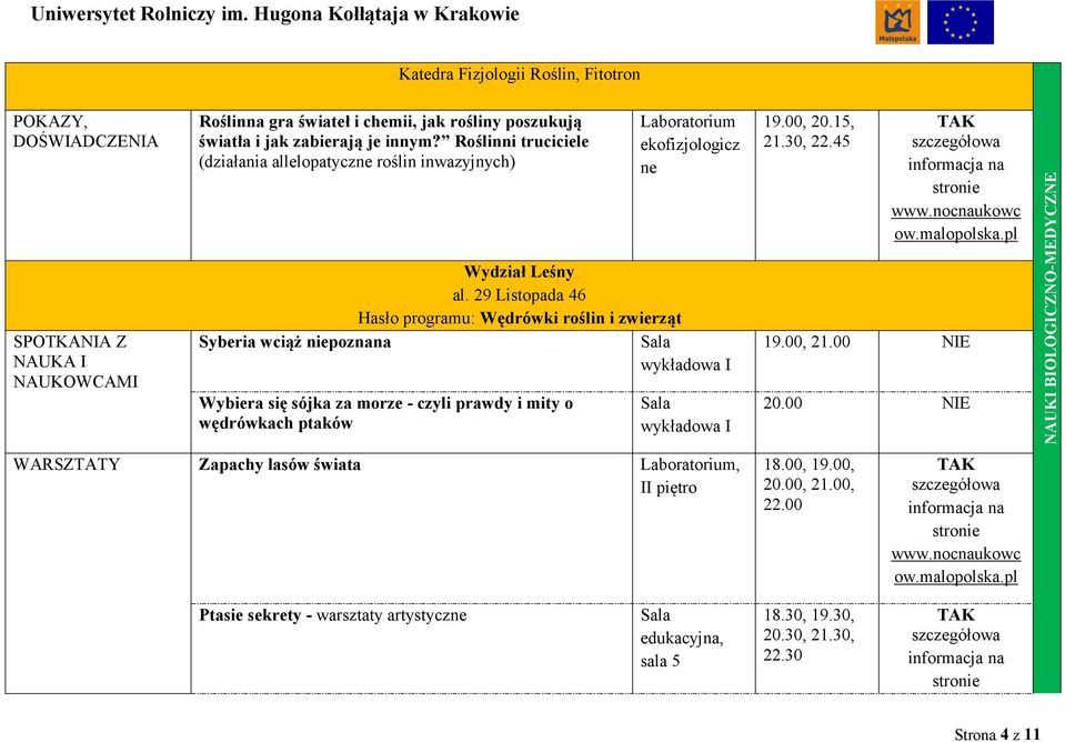 29 Listopada 46 Hasło programu: Wędrówki roślin i zwierząt Syberia wciąż niepoznana Sala wykładowa I Wybiera się sójka za morze - czyli prawdy i mity o wędrówkach ptaków Sala