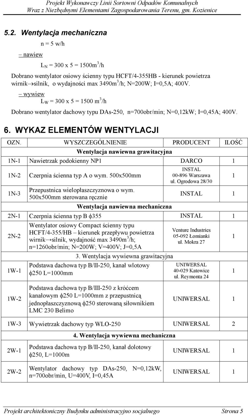 WYSZCZEGÓLNIENIE PRODUCENT ILOŚĆ Wentylacja nawiewna grawitacyjna 1N-1 Nawietrzak podokienny NP1 DARCO 1 1N-2 Czerpnia ścienna typ A o wym. 500x500mm 1N-3 Przepustnica wielopłaszczyznowa o wym.