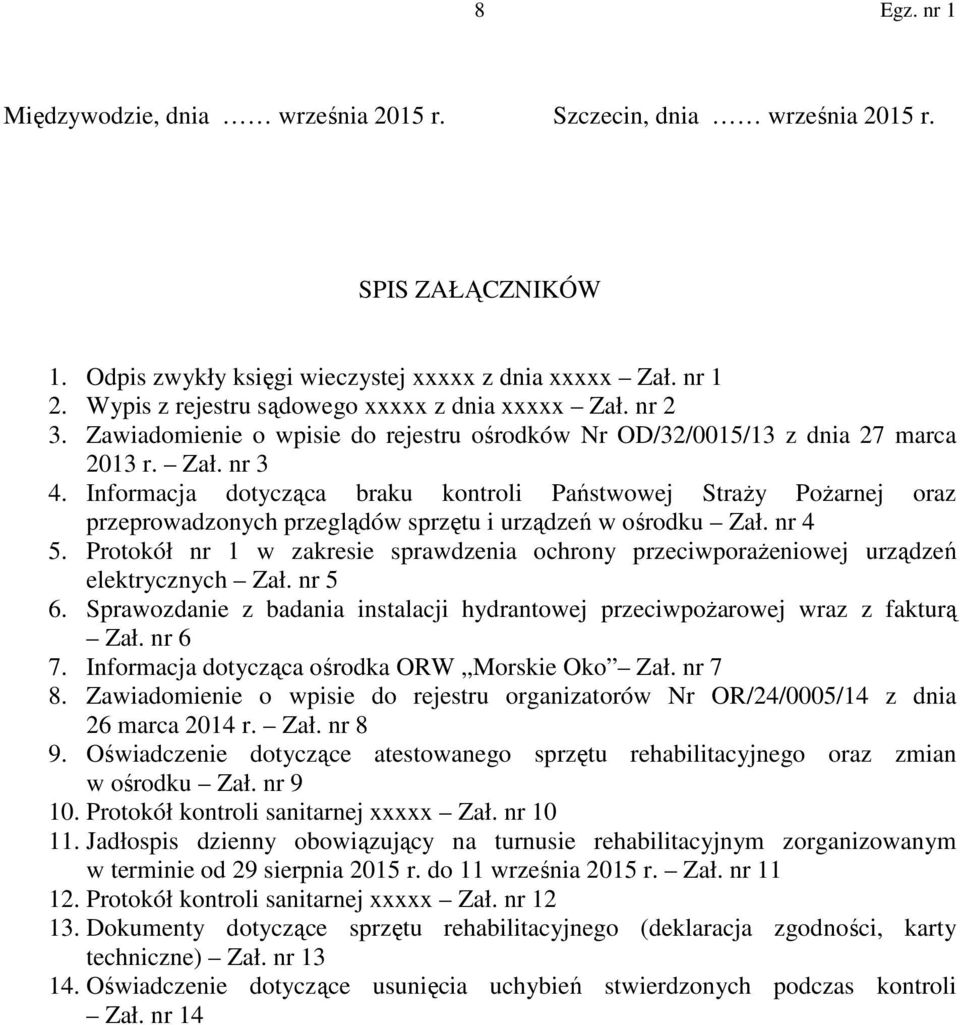 Informacja dotycząca braku kontroli Państwowej Straży Pożarnej oraz przeprowadzonych przeglądów sprzętu i urządzeń w ośrodku Zał. nr 4 5.