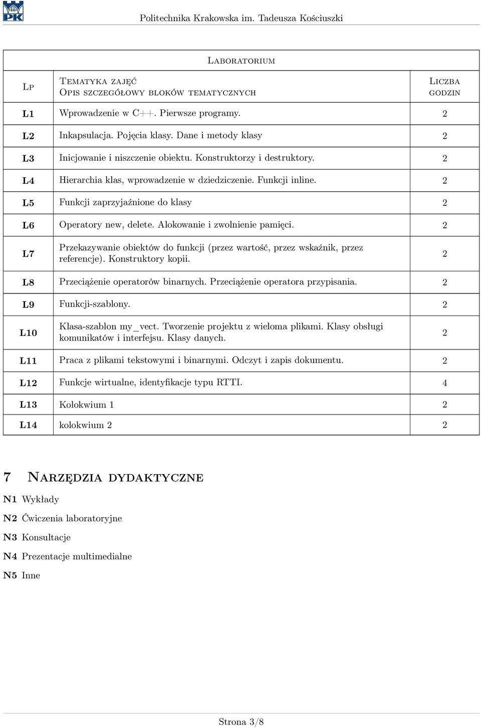 L5 Funkcji zaprzyjaźnione do klasy L6 Operatory new, delete. Alokowanie i zwolnienie pamięci. L7 Przekazywanie obiektów do funkcji (przez wartość, przez wskaźnik, przez referencje).