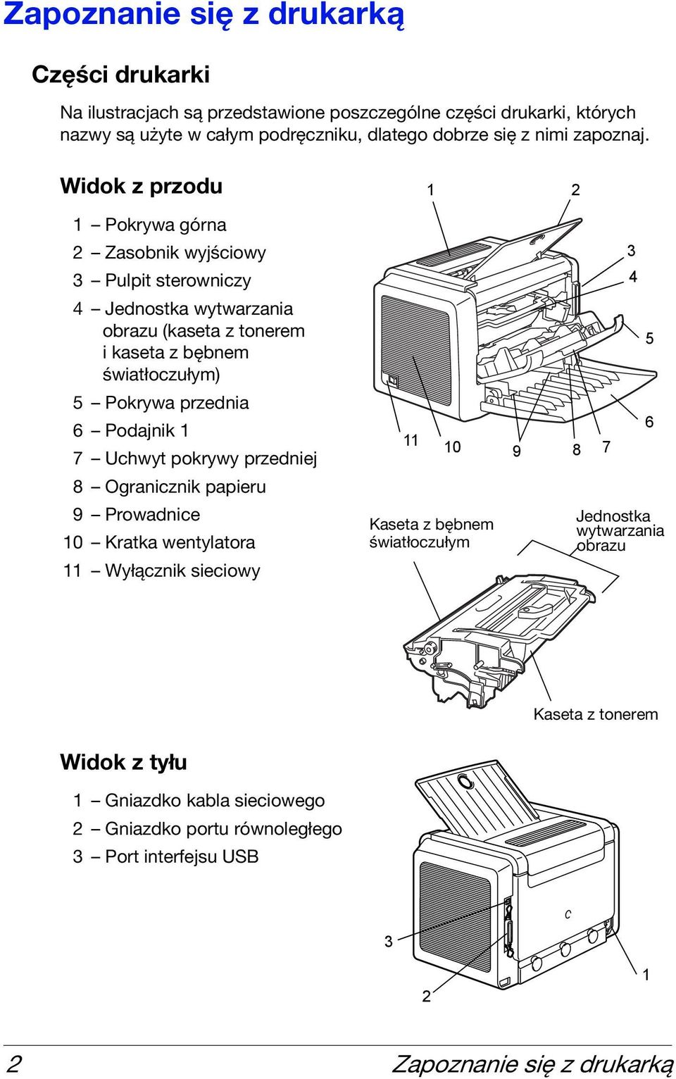 Widok z przodu 1 2 1 Pokrywa górna 2 Zasobnik wyjściowy 3 Pulpit sterowniczy 4 Jednostka wytwarzania obrazu (kaseta z tonerem i kaseta z bębnem światłoczułym) 5 Pokrywa