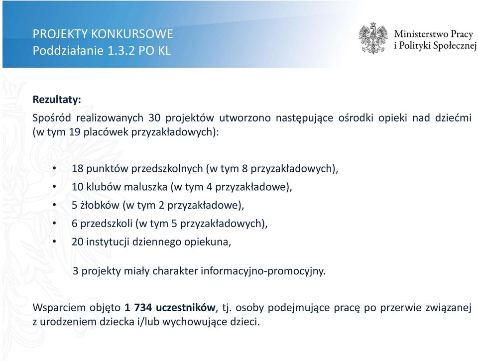 punktów przedszkolnych (w tym 8 przyzakładowych), 10 klubów maluszka (w tym 4 przyzakładowe), 5 żłobków (w tym 2 przyzakładowe), 6