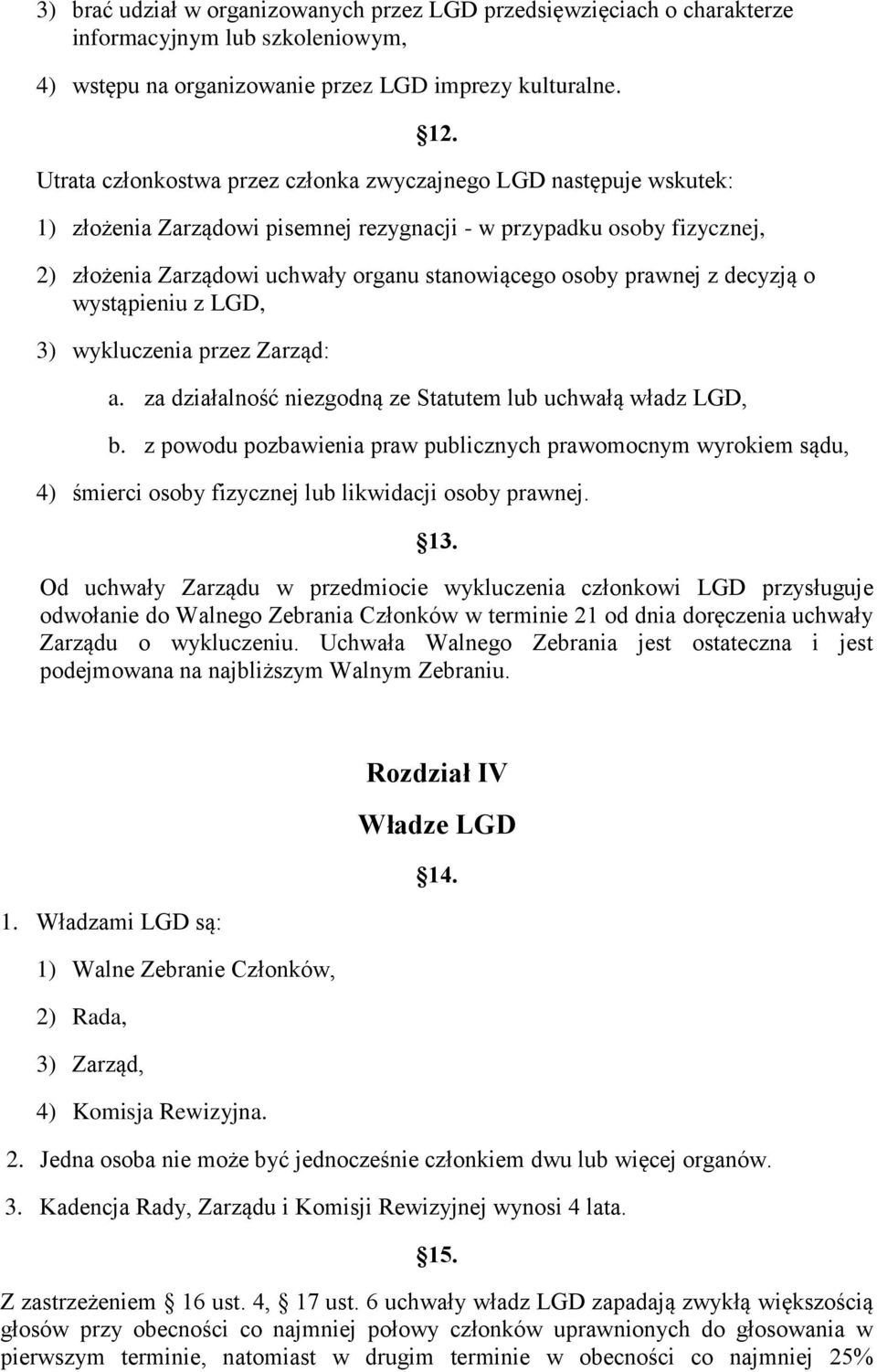 prawnej z decyzją o wystąpieniu z LGD, 3) wykluczenia przez Zarząd: a. za działalność niezgodną ze Statutem lub uchwałą władz LGD, b.