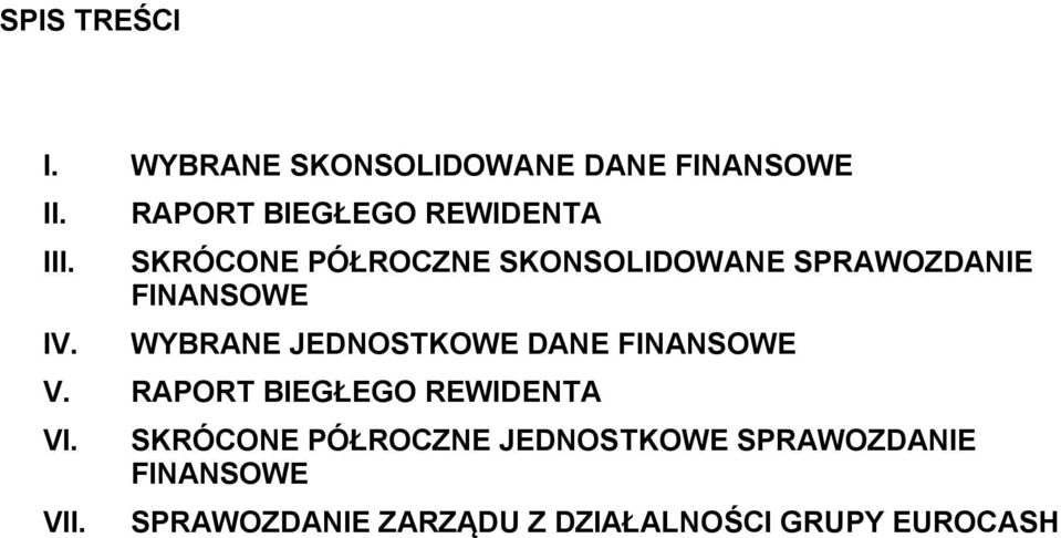 FINANSOWE WYBRANE JEDNOSTKOWE DANE FINANSOWE V. RAPORT BIEGŁEGO REWIDENTA VI. VII.