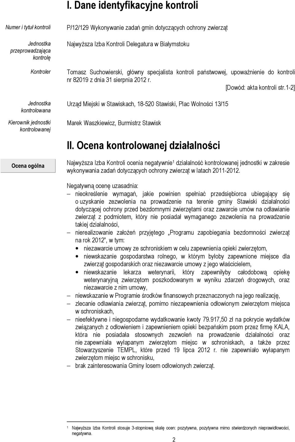 2012 r. [Dowód: akta kontroli str.1-2] Urząd Miejski w Stawiskach, 18-520 Stawiski, Plac Wolności 13/15 Marek Waszkiewicz, Burmistrz Stawisk II.