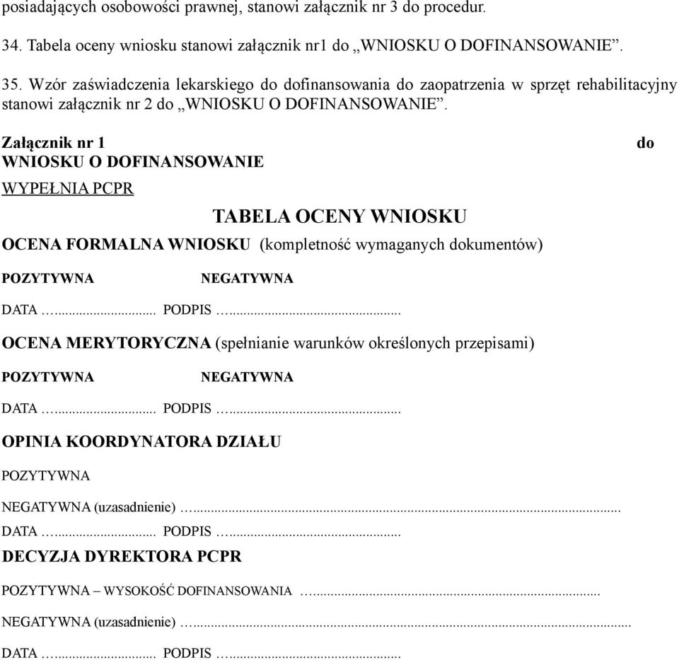 Załącznik nr 1 do WNIOSKU O DOFINANSOWANIE WYPEŁNIA PCPR TABELA OCENY WNIOSKU OCENA FORMALNA WNIOSKU (kompletność wymaganych dokumentów) POZYTYWNA NEGATYWNA OCENA