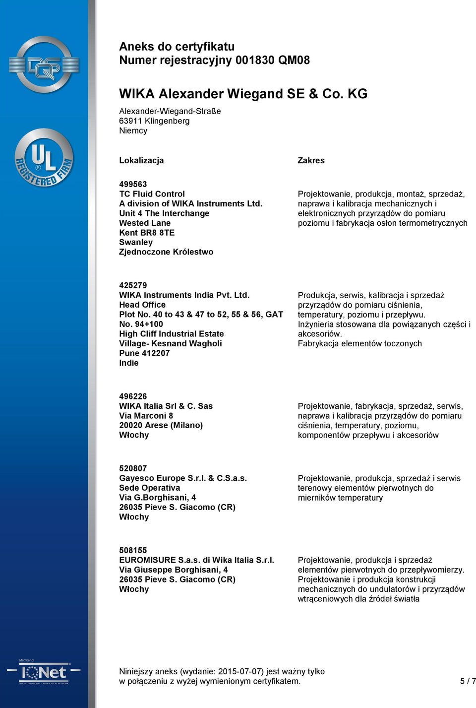 osłon termometrycznych 425279 WIKA Instruments India Pvt. Ltd. Head Office Plot No. 40 to 43 & 47 to 52, 55 & 56, GAT No.