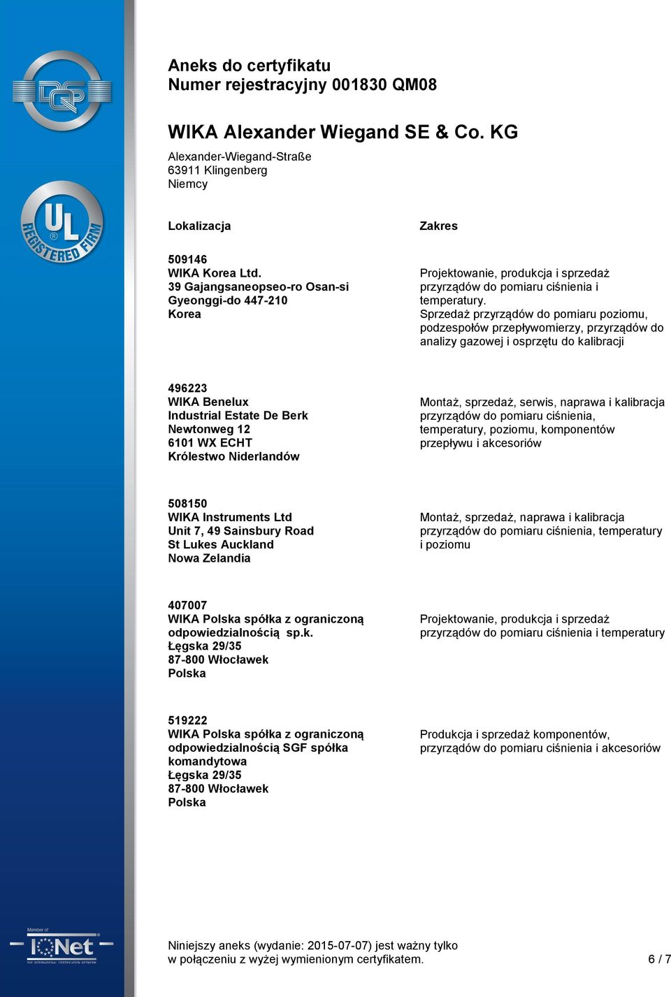 Królestwo Niderlandów Montaż, sprzedaż, serwis, naprawa i kalibracja temperatury, poziomu, komponentów przepływu i akcesoriów 508150 WIKA Instruments Ltd Unit 7, 49 Sainsbury Road St Lukes Auckland