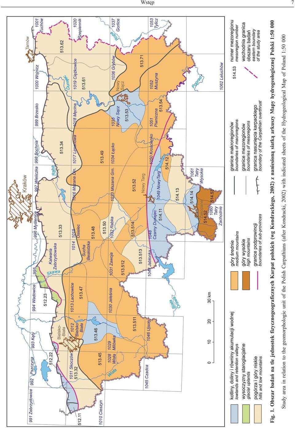 Kondrackiego, 2002) z naniesion¹ siatk¹ arkuszy Mapy hydrogeologicznej Polski 1:50