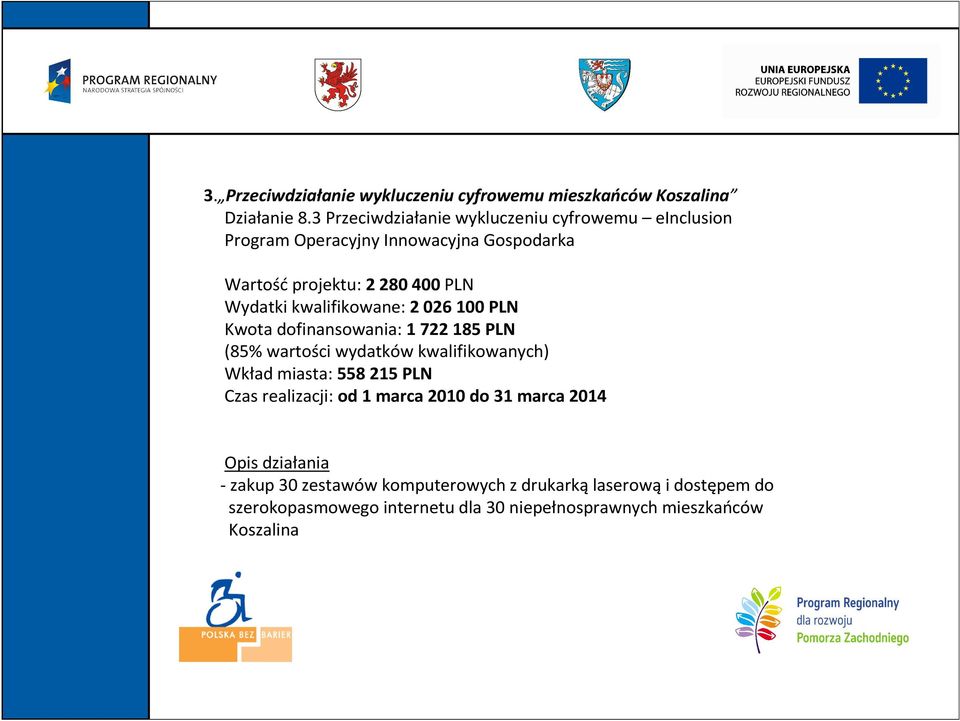 kwalifikowane: 2 026 100 PLN Kwota dofinansowania: 1 722 185 PLN (85% wartości wydatków kwalifikowanych) Wkład miasta: 558 215 PLN Czas