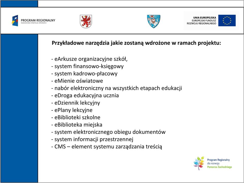 edukacji - edroga edukacyjna ucznia - edziennik lekcyjny - eplany lekcyjne - ebiblioteki szkolne - ebiblioteka