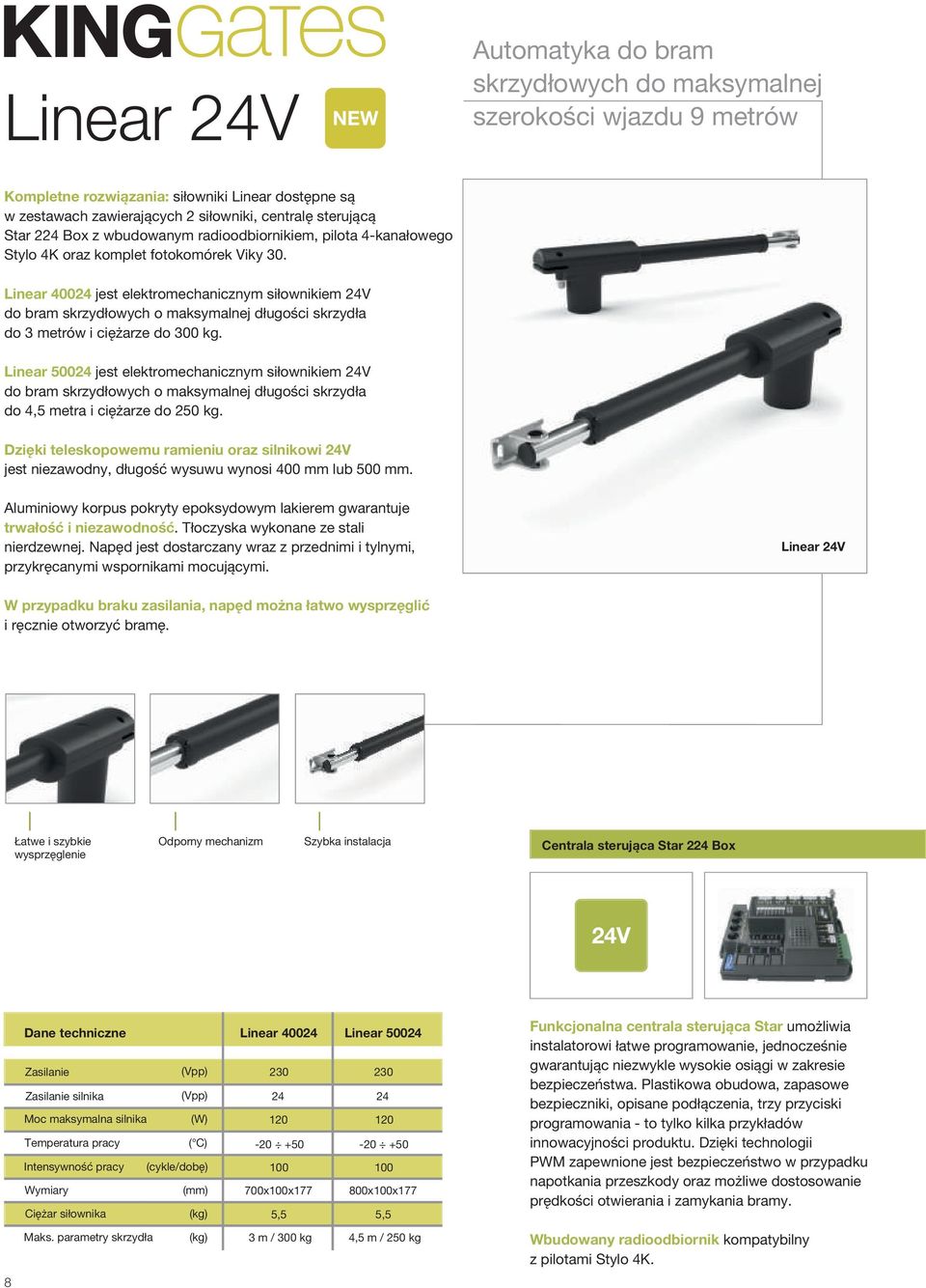 Linear 4004 jest elektromechanicznym si³ownikiem 4V do bram skrzyd³owych o maksymalnej d³ugoœci skrzyd³a do 3 metrów i ciê arze do 300 kg.