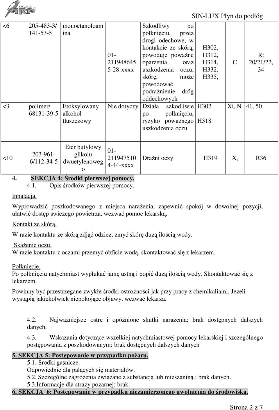 uszkodzenia oczu SIN-LUX Płyn do podłóg C R: 20/21/22, 34 Xi, N 41, 50 <10 203-961- 6/112-34-5 Eter butylowy glikolu dwuetylenoweg o 01-211947510 4-44-xxxx 4. SEKCJA 4: Środki pierwszej pomocy. 4.1. Opis środków pierwszej pomocy.