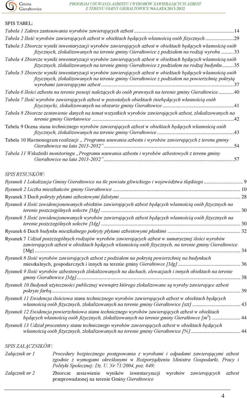 .. 33 Tabela 4 Zbiorcze wyniki inwentaryzacji wyrobów zawierających azbest w obiektach będących własnością osób fizycznych, zlokalizowanych na terenie gminy Gierałtowice z podziałem na rodzaj budynku.