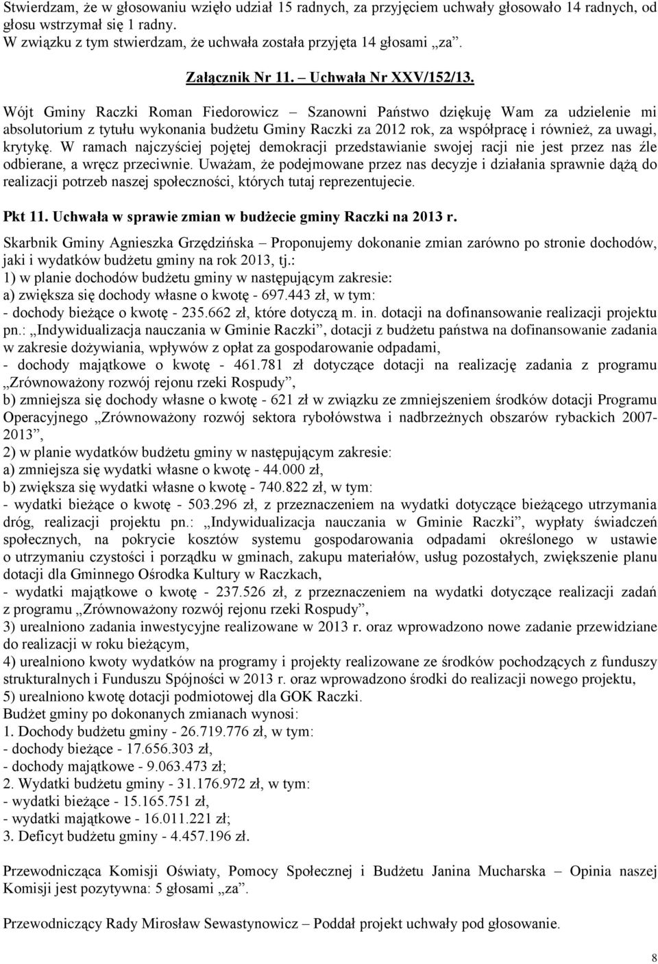 Wójt Gminy Raczki Roman Fiedorowicz Szanowni Państwo dziękuję Wam za udzielenie mi absolutorium z tytułu wykonania budżetu Gminy Raczki za 2012 rok, za współpracę i również, za uwagi, krytykę.