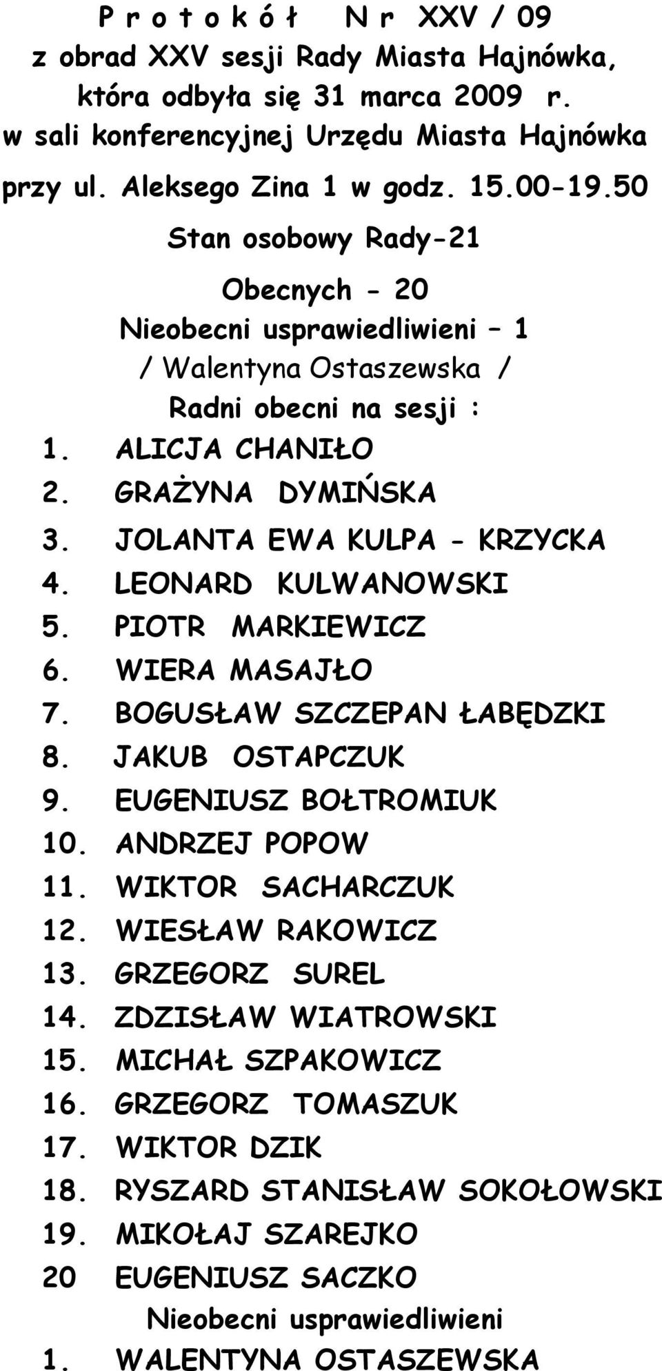 LEONARD KULWANOWSKI 5. PIOTR MARKIEWICZ 6. WIERA MASAJŁO 7. BOGUSŁAW SZCZEPAN ŁABĘDZKI 8. JAKUB OSTAPCZUK 9. EUGENIUSZ BOŁTROMIUK 10. ANDRZEJ POPOW 11. WIKTOR SACHARCZUK 12. WIESŁAW RAKOWICZ 13.