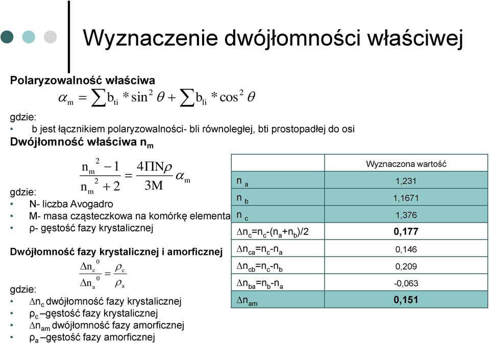 krystalicznej n c =n c -(n a +n b )/2 0,177 2 Wyznaczona wartość n a 1,231 Dwójłomność fazy krystalicznej i amorficznej 0 nc c 0 n a a gdzie: n c dwójłomność fazy