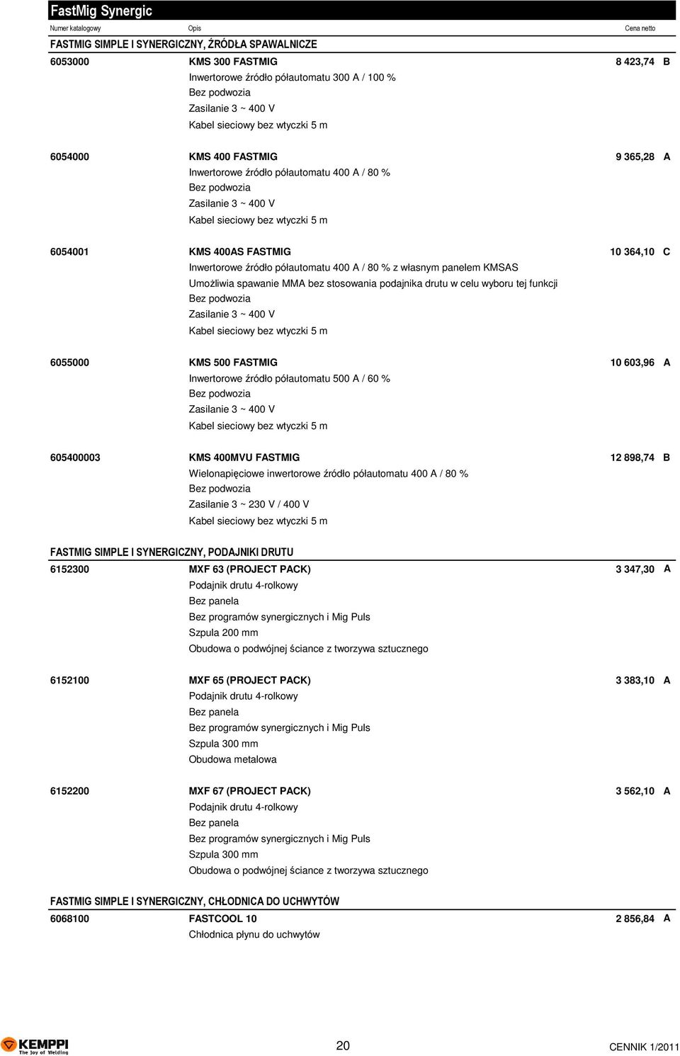 stosowania podajnika drutu w celu wyboru tej funkcji Bez podwozia 6055000 KMS 500 FASTMIG 10 603,96 A Inwertorowe źródło półautomatu 500 A / 60 % Bez podwozia 605400003 KMS 400MVU FASTMIG 12 898,74 B