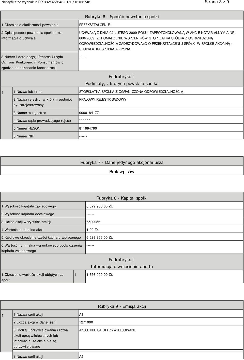 660/2009, ZGROMADZE WSPÓLNIKÓW STOPKLATKA SPÓŁKA Z OGRANICZONĄ ODPOWIEDZIALNOŚCIĄ ZADECYDOWAŁO O PRZEKSZTAŁCENIU SPÓŁKI W SPÓŁKĘ AKCYJNĄ - STOPKLATKA SPÓŁKA AKCYJNA ------ Podrubryka 1 Podmioty, z