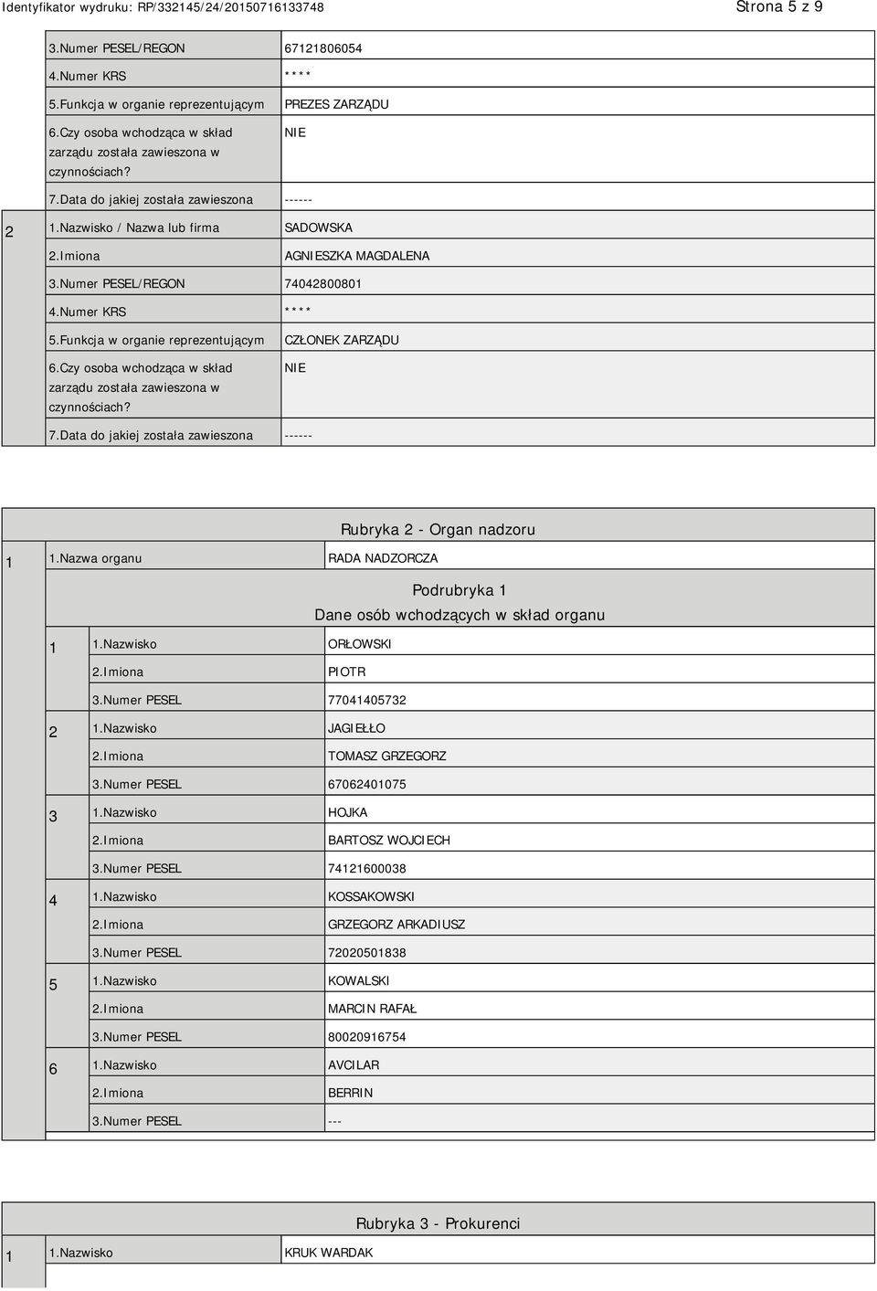 Czy osoba wchodząca w skład zarządu została zawieszona w czynnościach? CZŁONEK ZARZĄDU 7.Data do jakiej została zawieszona ------ Rubryka 2 - Organ nadzoru 1 1.