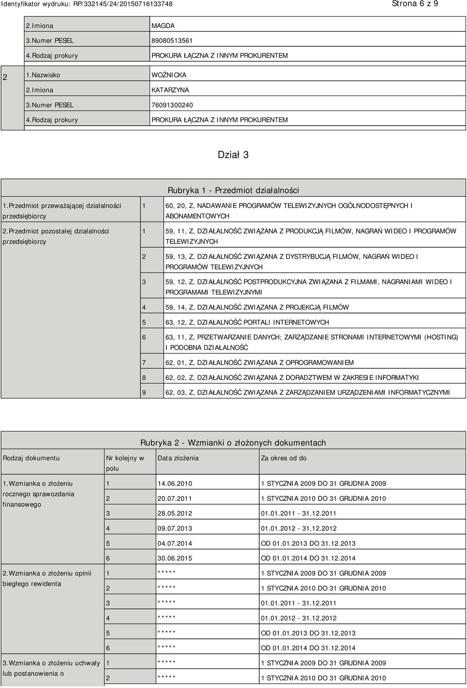 Przedmiot pozostałej działalności przedsiębiorcy 1 60, 20, Z, NADAWA PROGRAMÓW TELEWIZYJNYCH OGÓLNODOSTĘPNYCH I ABONAMENTOWYCH 1 59, 11, Z, DZIAŁALNOŚĆ ZWIĄZANA Z PRODUKCJĄ FILMÓW, NAGRAŃ WIDEO I