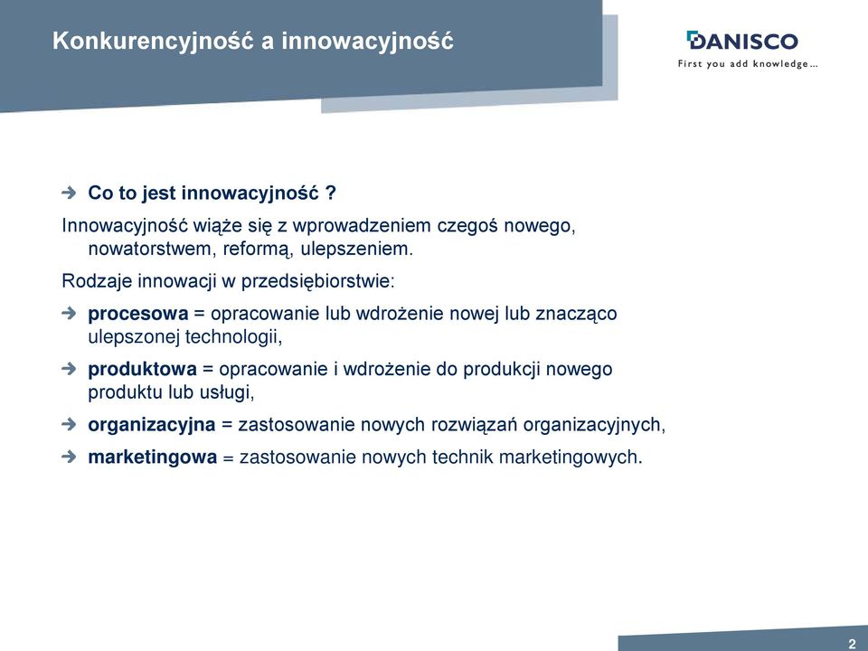 Rodzaje innowacji w przedsiębiorstwie: procesowa = opracowanie lub wdrożenie nowej lub znacząco ulepszonej