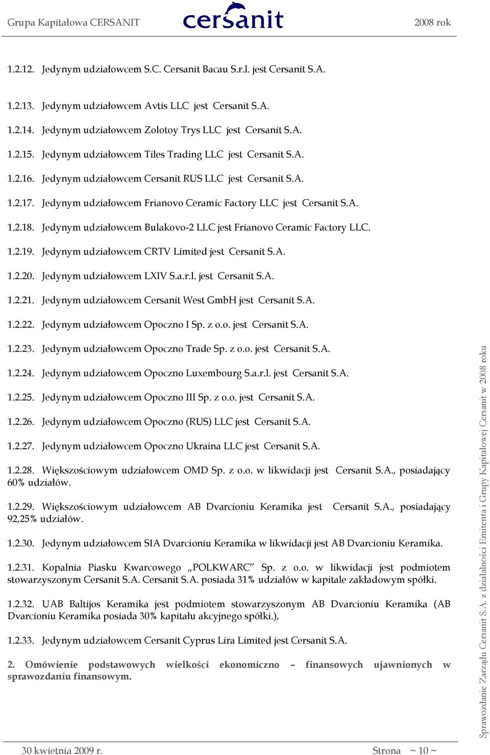 Jedynym udziałowcem Bulakovo-2 LLC jest Frianovo Ceramic Factory LLC. 1.2.19. Jedynym udziałowcem CRTV Limited jest Cersanit S.A. 1.2.20. Jedynym udziałowcem LXIV S.a.r.l. jest Cersanit S.A. 1.2.21.
