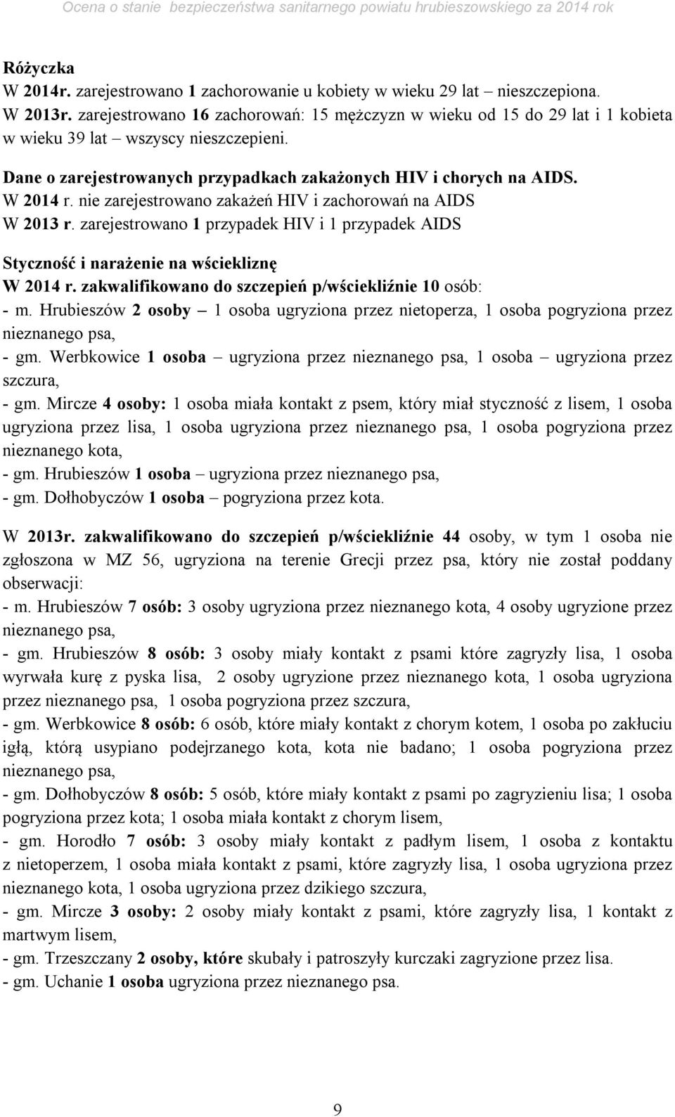 nie zarejestrowano zakażeń HIV i zachorowań na AIDS W 2013 r. zarejestrowano 1 przypadek HIV i 1 przypadek AIDS Styczność i narażenie na wściekliznę W 2014 r.