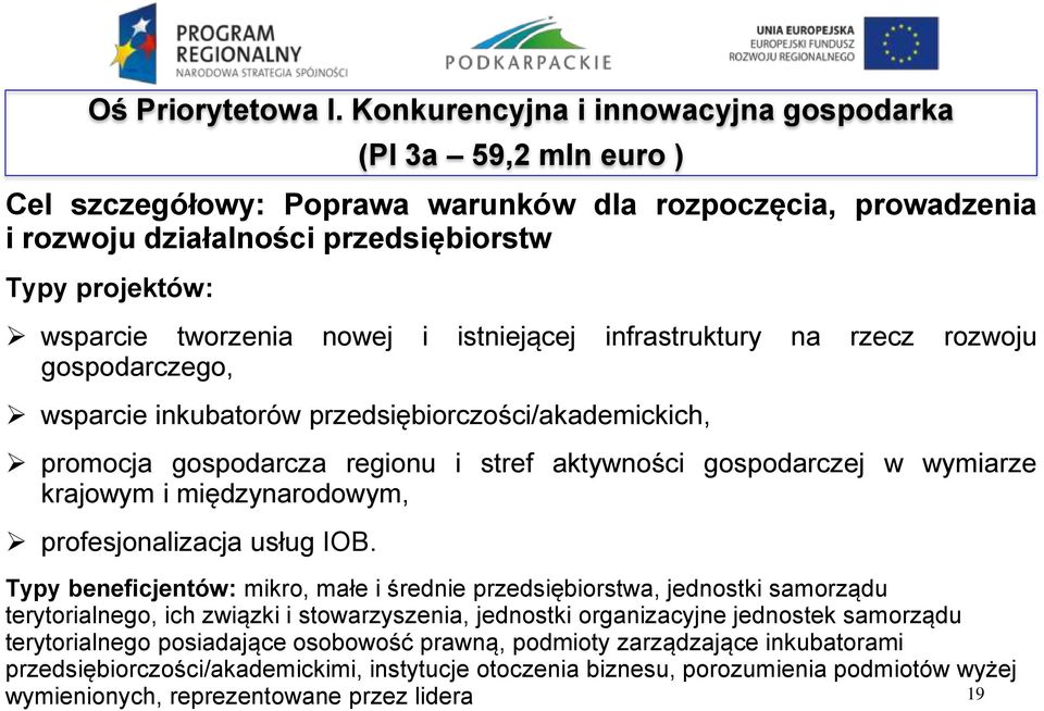 nowej i istniejącej infrastruktury na rzecz rozwoju gospodarczego, wsparcie inkubatorów przedsiębiorczości/akademickich, promocja gospodarcza regionu i stref aktywności gospodarczej w wymiarze