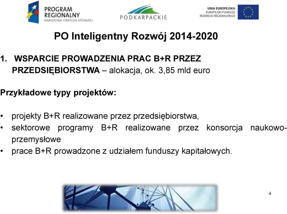 3,85 mld euro Przykładowe typy projektów: projekty B+R realizowane przez