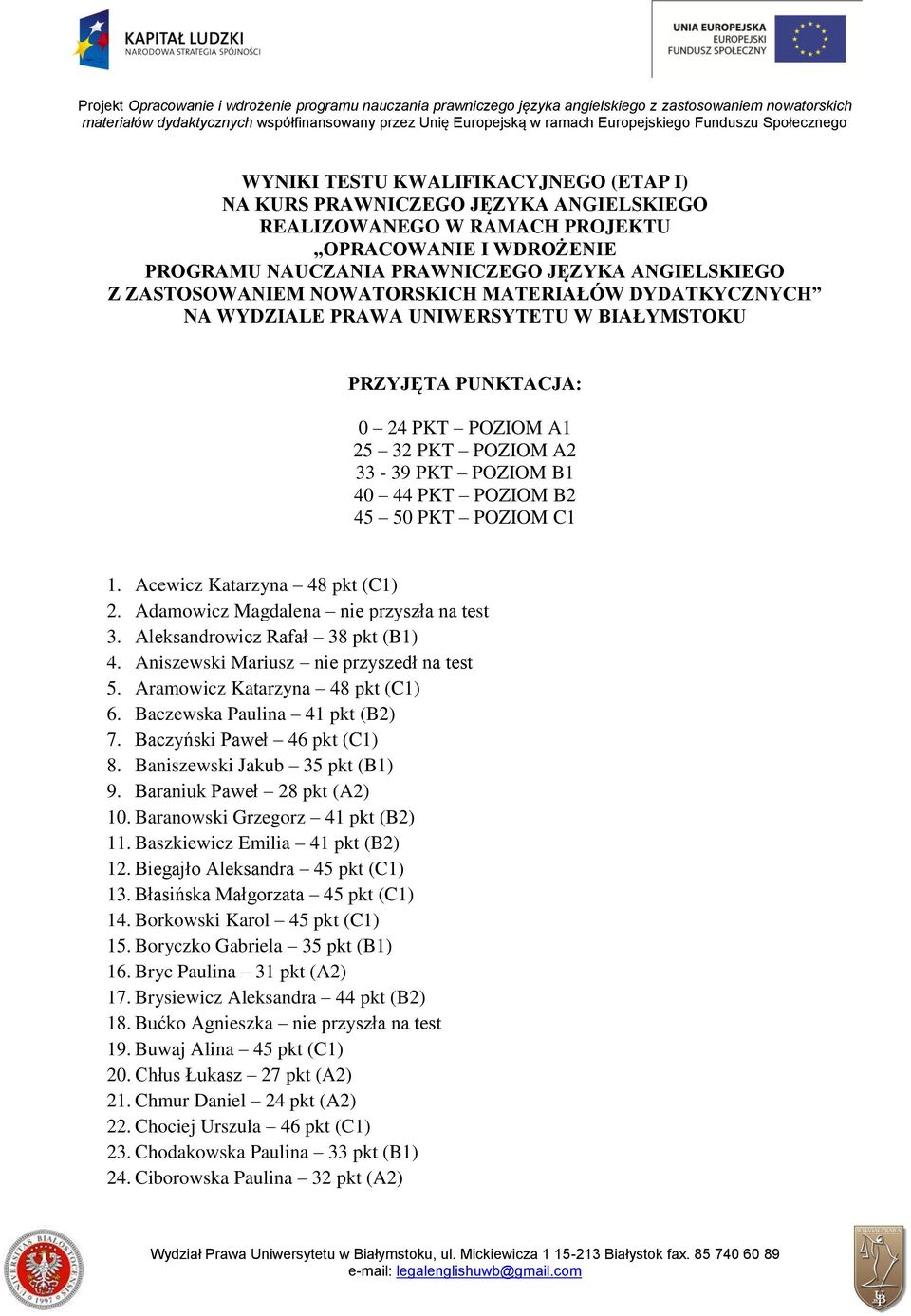 50 PKT POZIOM C1 1. Acewicz Katarzyna 48 pkt (C1) 2. Adamowicz Magdalena nie przyszła na test 3. Aleksandrowicz Rafał 38 pkt (B1) 4. Aniszewski Mariusz nie przyszedł na test 5.