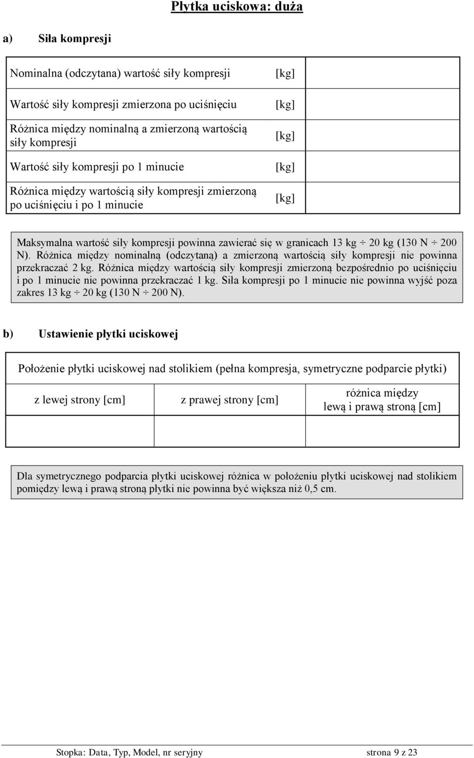 granicach 13 kg 20 kg (130 N 200 N). Różnica między nominalną (odczytaną) a zmierzoną wartością siły kompresji nie powinna przekraczać 2 kg.