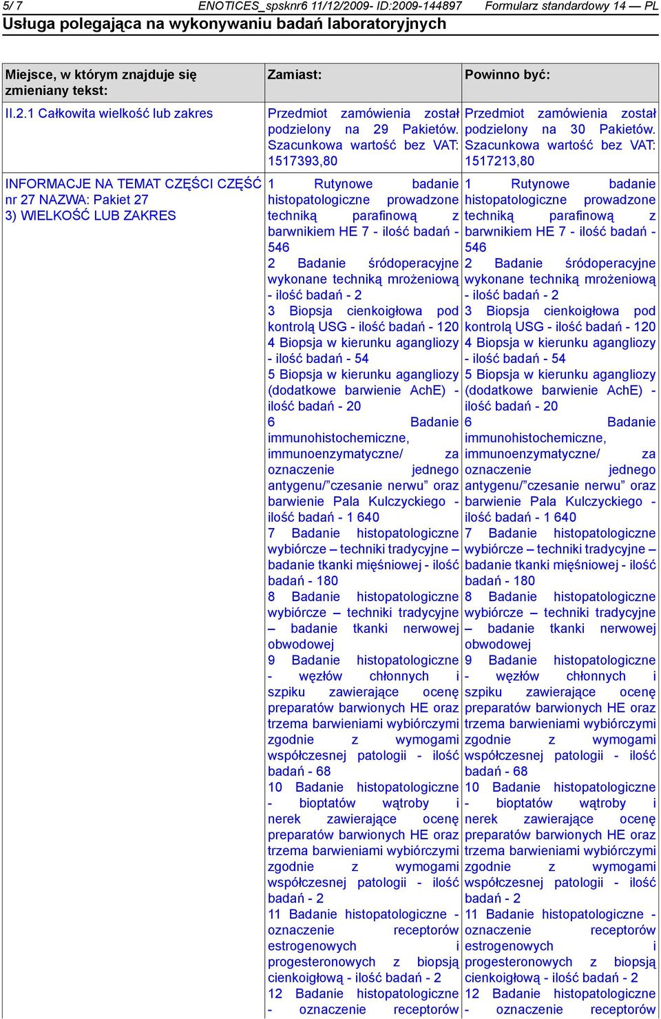 Szacunkowa wartość bez VAT: 1517213,80 1 Rutynowe badanie 1 Rutynowe badanie histopatologiczne prowadzone histopatologiczne prowadzone techniką parafinową z techniką parafinową z barwnikiem HE 7 -