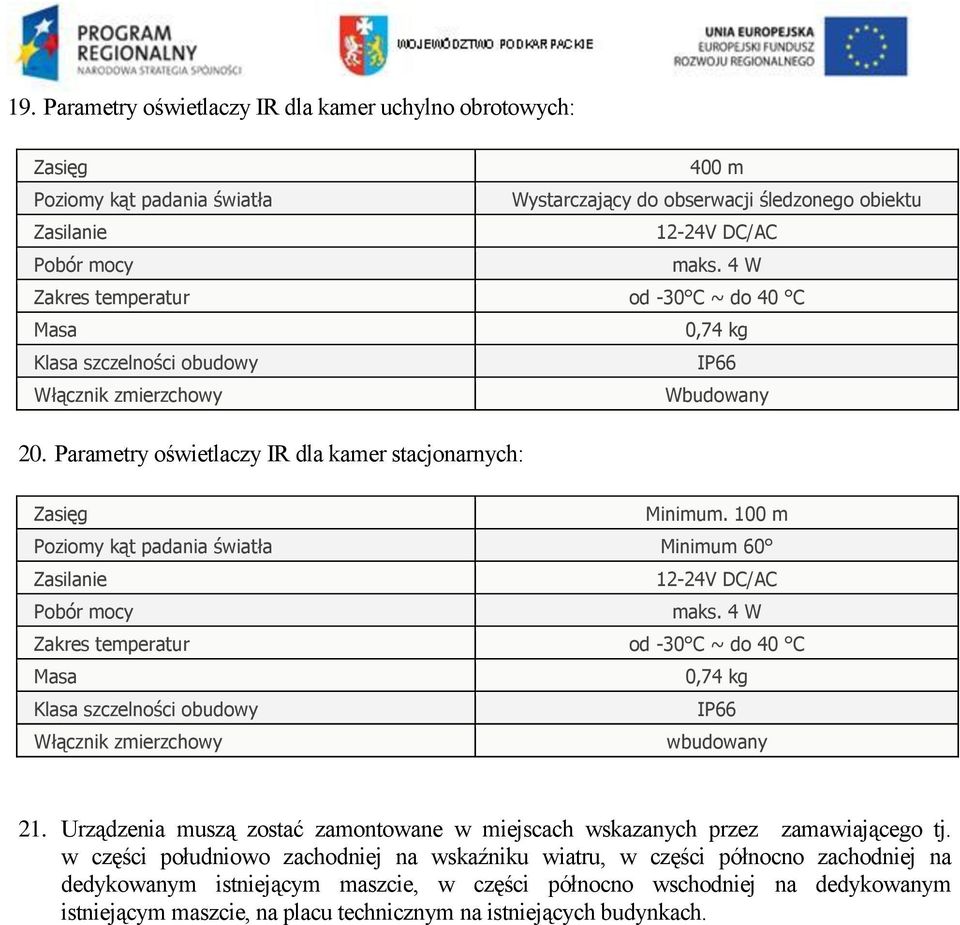 100 m Poziomy kąt padania światła Minimum 60 Zasilanie 12-24V DC/AC Pobór mocy maks.