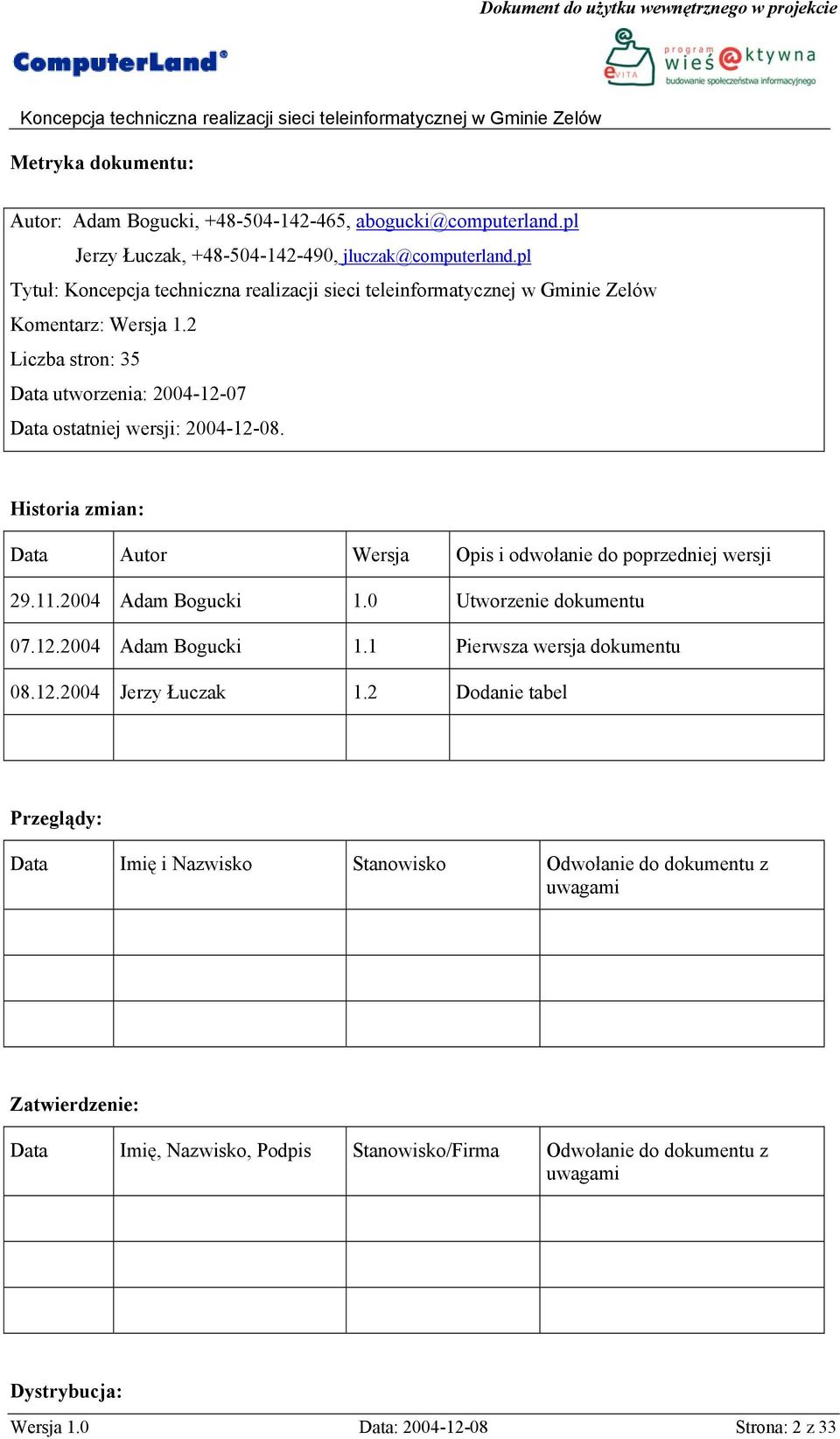 2004 Adam Bogucki 1.0 Utworzenie dokumentu 07.12.2004 Adam Bogucki 1.1 Pierwsza wersja dokumentu 08.12.2004 Jerzy Łuczak 1.