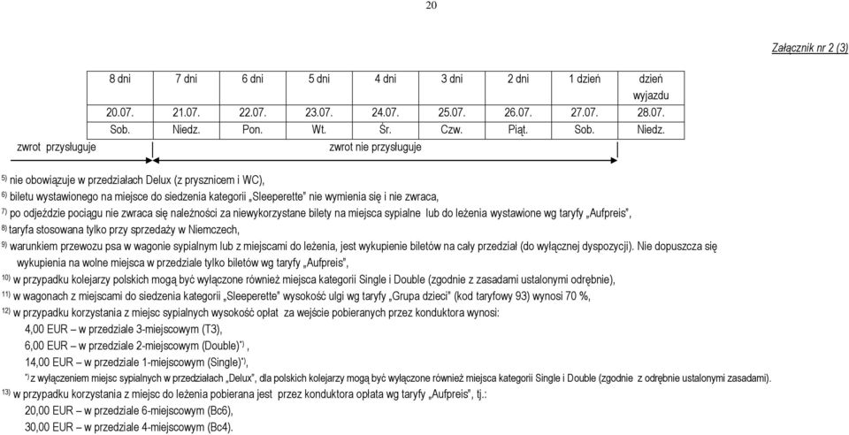 zwrot nie przysługuje 5) nie obowiązuje w przedziałach Delux (z prysznicem i WC), 6) biletu wystawionego na miejsce do siedzenia kategorii Sleeperette nie wymienia się i nie zwraca, 7) po odjeździe