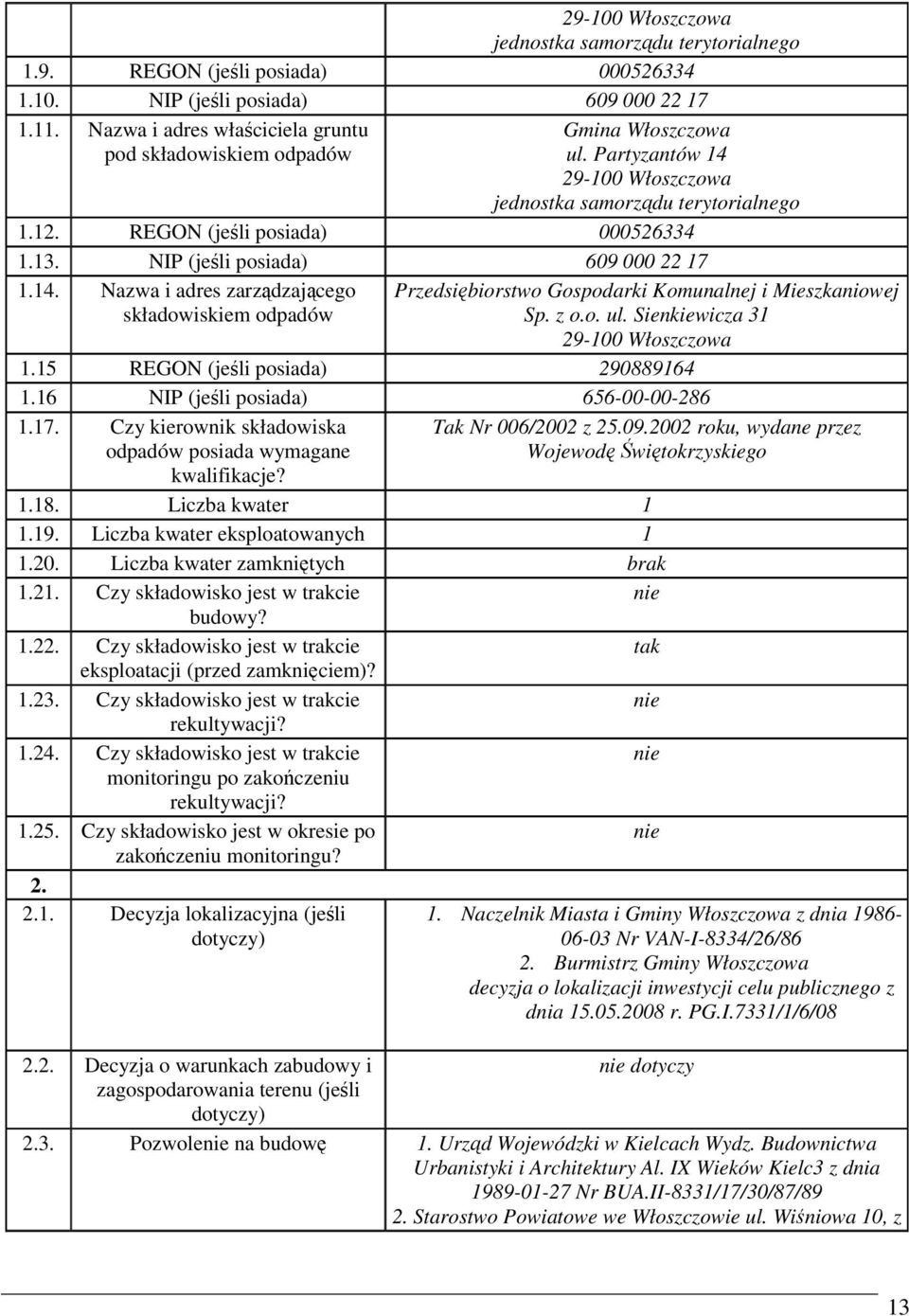 NIP (jeśli posiada) 609 000 22 17 1.14. Nazwa i adres zarządzającego składowiskiem odpadów Przedsiębiorstwo Gospodarki Komunalnej i Mieszkaniowej Sp. z o.o. ul. Sienkiewicza 31 29-100 Włoszczowa 1.