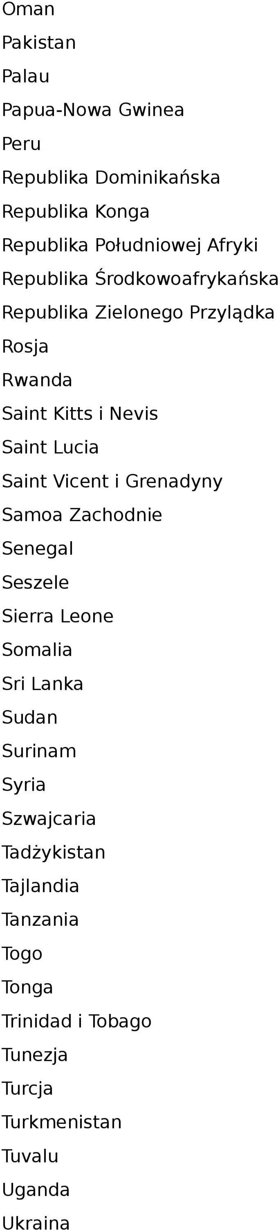 Vicent i Grenadyny Samoa Zachodnie Senegal Seszele Sierra Leone Somalia Sri Lanka Sudan Surinam Syria