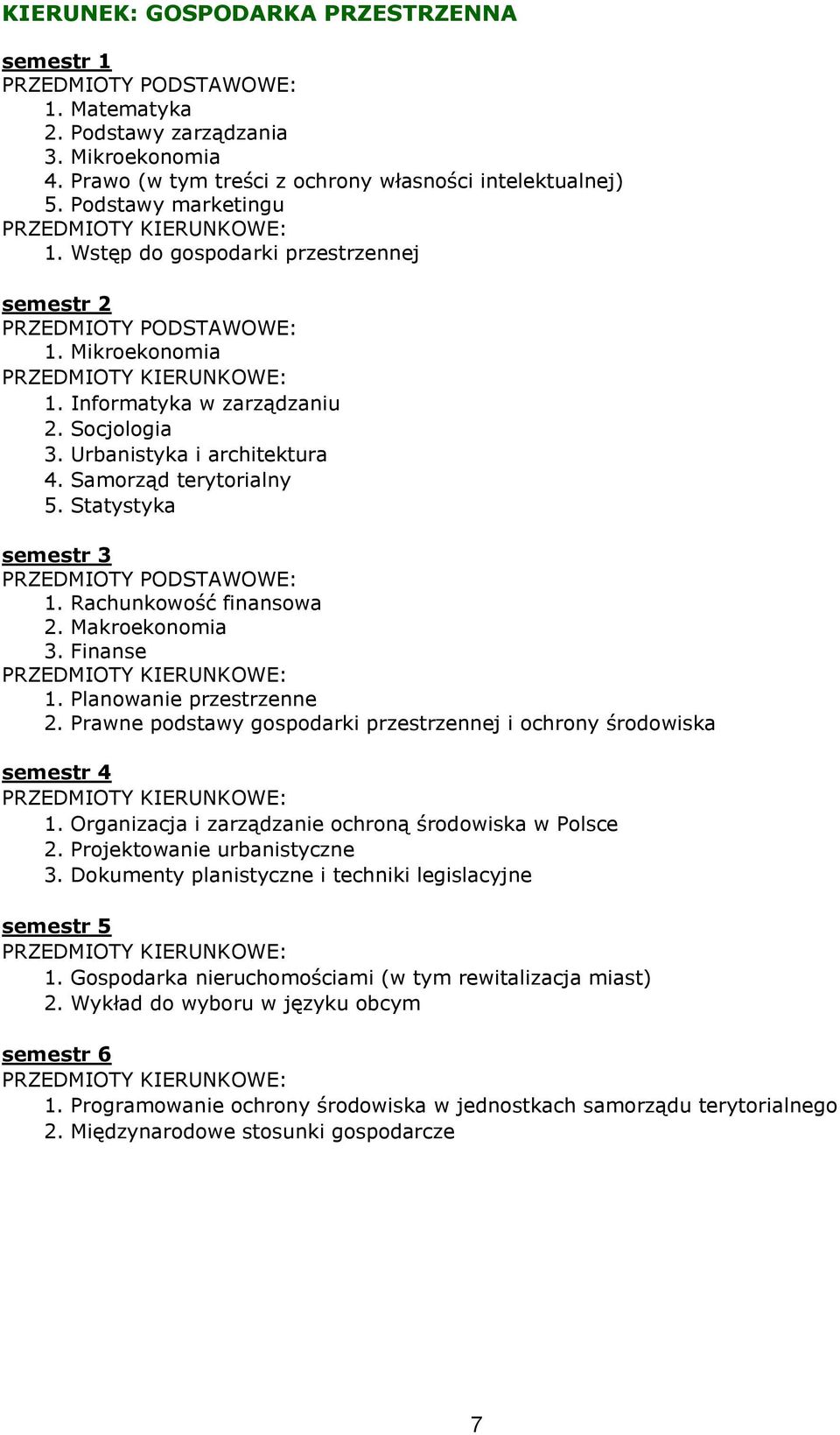 Makroekonomia 3. Finanse 1. Planowanie przestrzenne 2. Prawne podstawy gospodarki przestrzennej i ochrony środowiska 1. Organizacja i zarządzanie ochroną środowiska w Polsce 2.