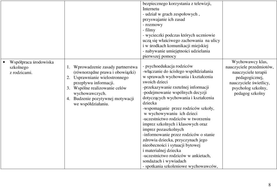 bezpiecznego korzystania z telewizji, Internetu - udział w grach zespołowych, przyswajanie ich zasad - rozmowy - filmy - wycieczki podczas których uczniowie uczą się właściwego zachowania na ulicy i