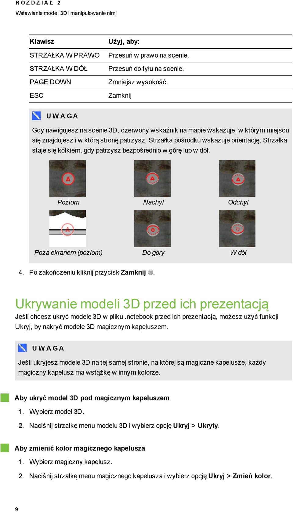 Strzałka staje się kółkiem, gdy patrzysz bezpośrednio w górę lub w dół. Poziom Nachyl Odchyl Poza ekranem (poziom) Do góry W dół 4. Po zakończeniu kliknij przycisk Zamknij.