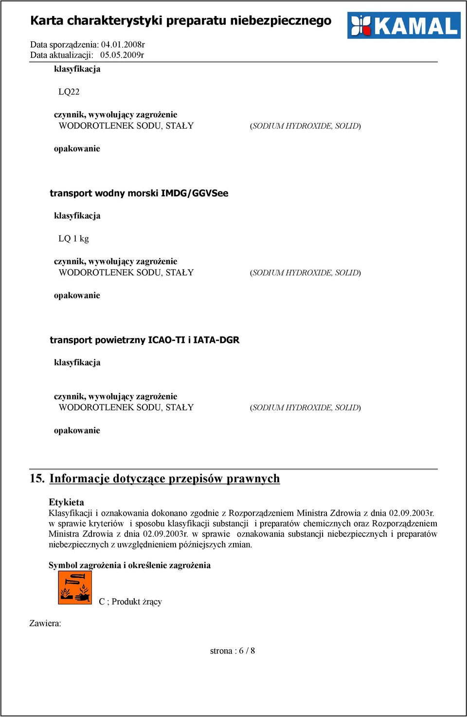 opakowanie 15. Informacje dotyczące przepisów prawnych Etykieta Klasyfikacji i oznakowania dokonano zgodnie z Rozporządzeniem Ministra Zdrowia z dnia 02.09.2003r.