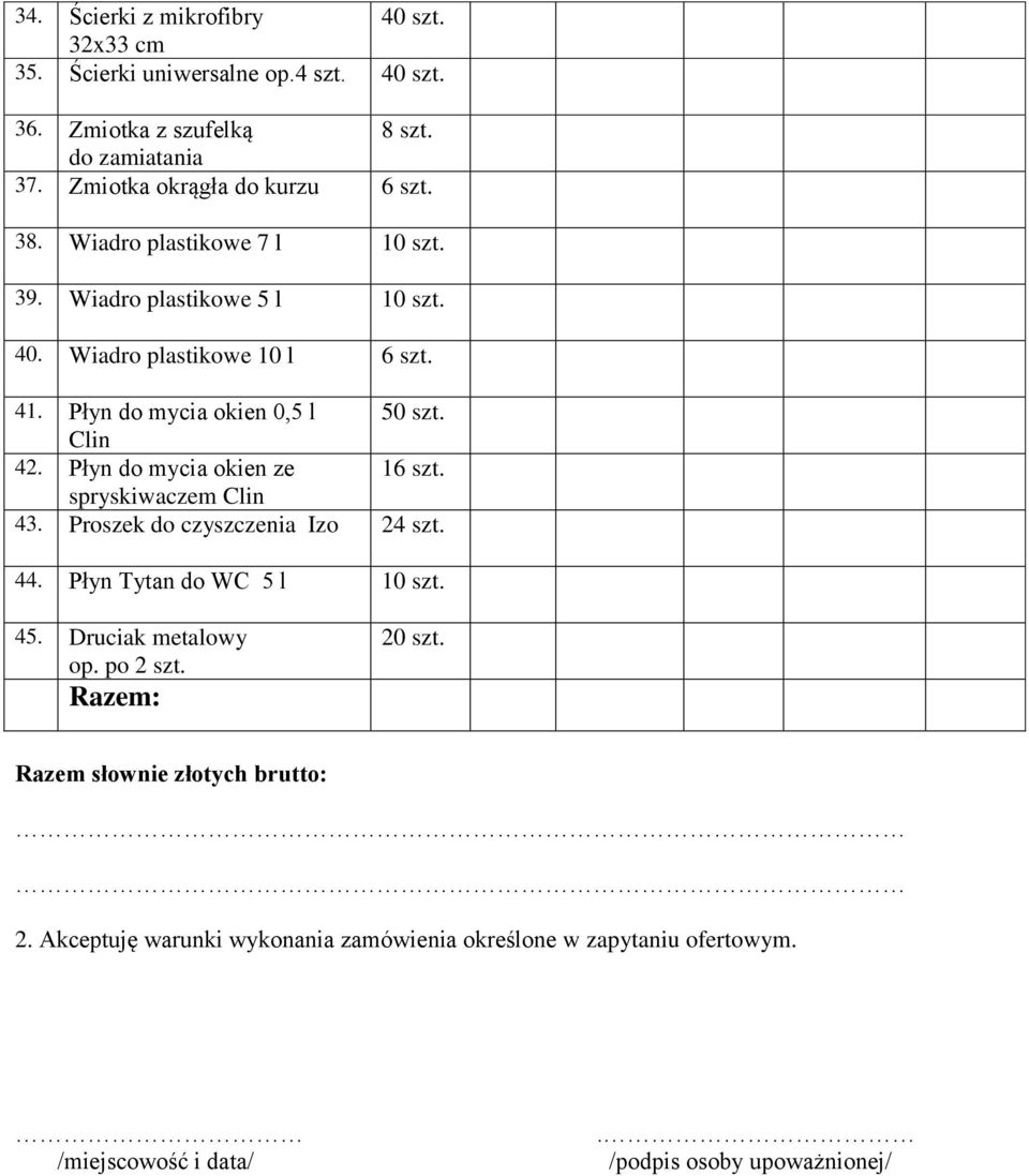 Płyn do mycia okien 0,5 l 50 szt. Clin 42. Płyn do mycia okien ze 16 szt. spryskiwaczem Clin 43. Proszek do czyszczenia Izo 24 szt. 44.