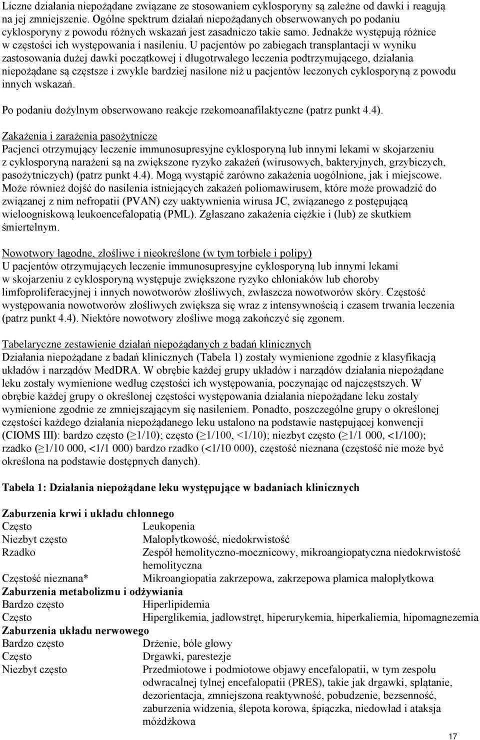 U pacjentów po zabiegach transplantacji w wyniku zastosowania dużej dawki początkowej i długotrwałego leczenia podtrzymującego, działania niepożądane są częstsze i zwykle bardziej nasilone niż u